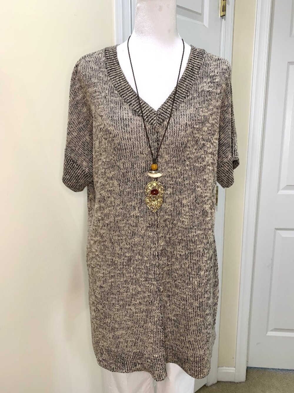 Eileen Fisher Knit Short Sleeves Oversize Top Brown V-Neck Side Slit Size S